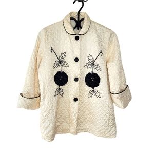 Vintage 80's cream and black satin quilted jacket with embroidery
